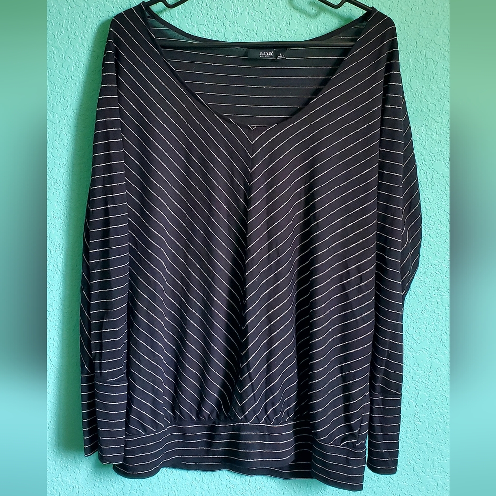 a.n.a Black Silver-Striped Long Sleeve Blouse Shirt